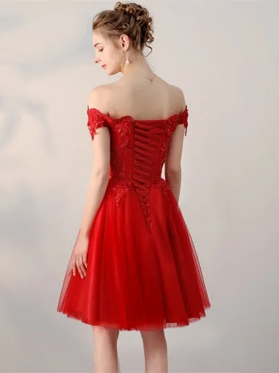 Off-the-Shoulder Appliques Pearls Sashes Red Homecoming Dress