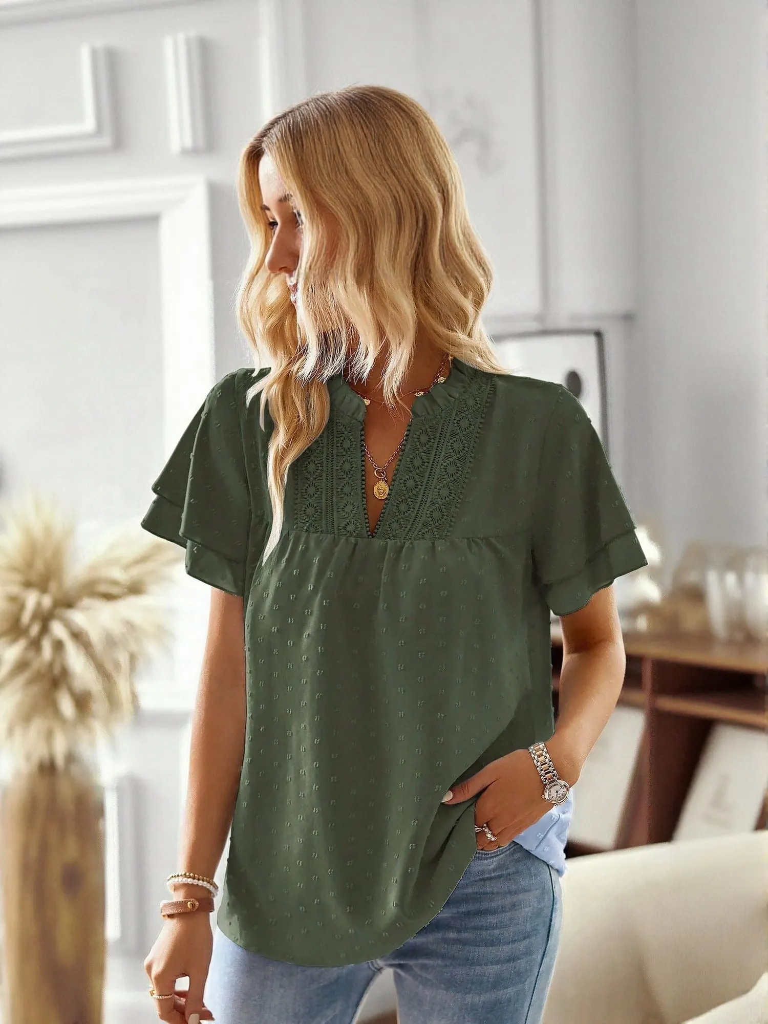 Olive Top With Ruffle Sleeve