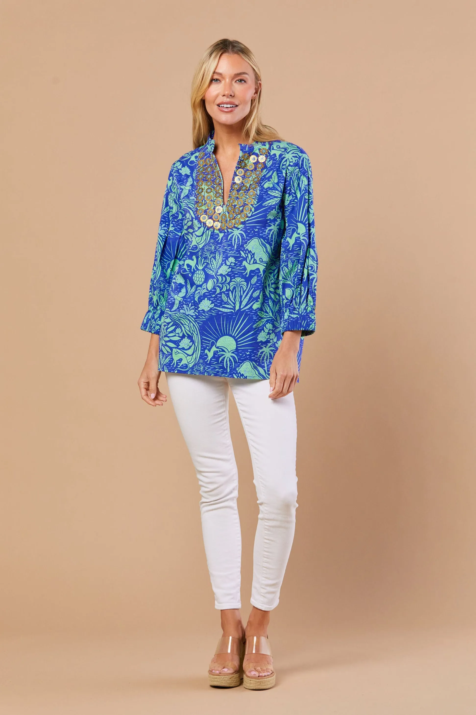 Olive Tunic in Whimsical Island Eve