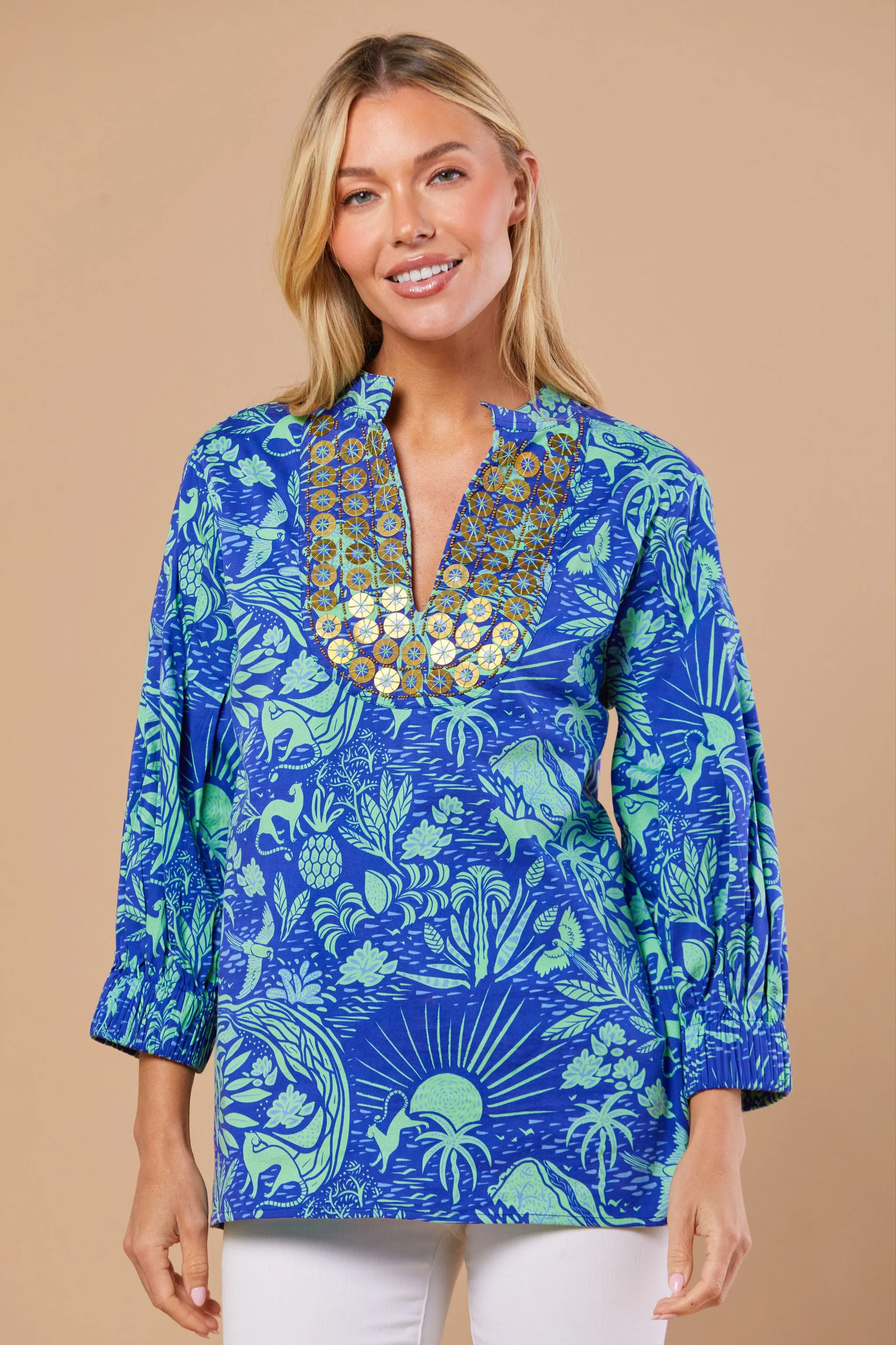 Olive Tunic in Whimsical Island Eve