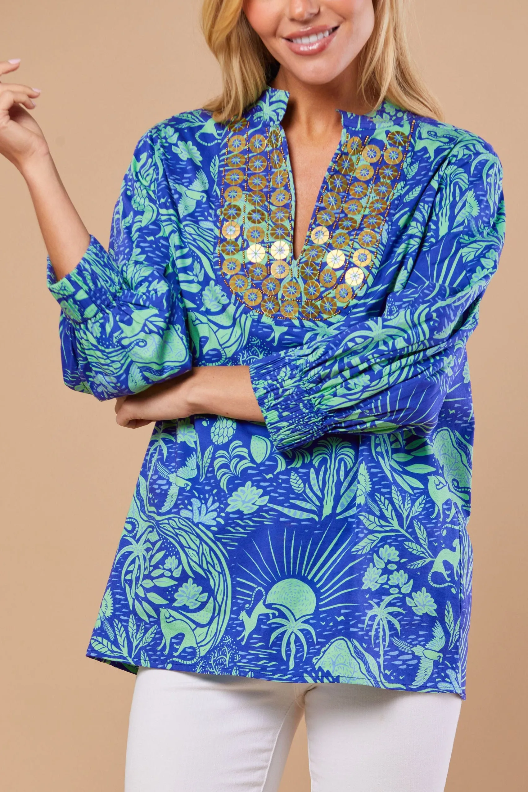 Olive Tunic in Whimsical Island Eve