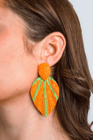 Orange Color Raffia Braided Leaf Earrings