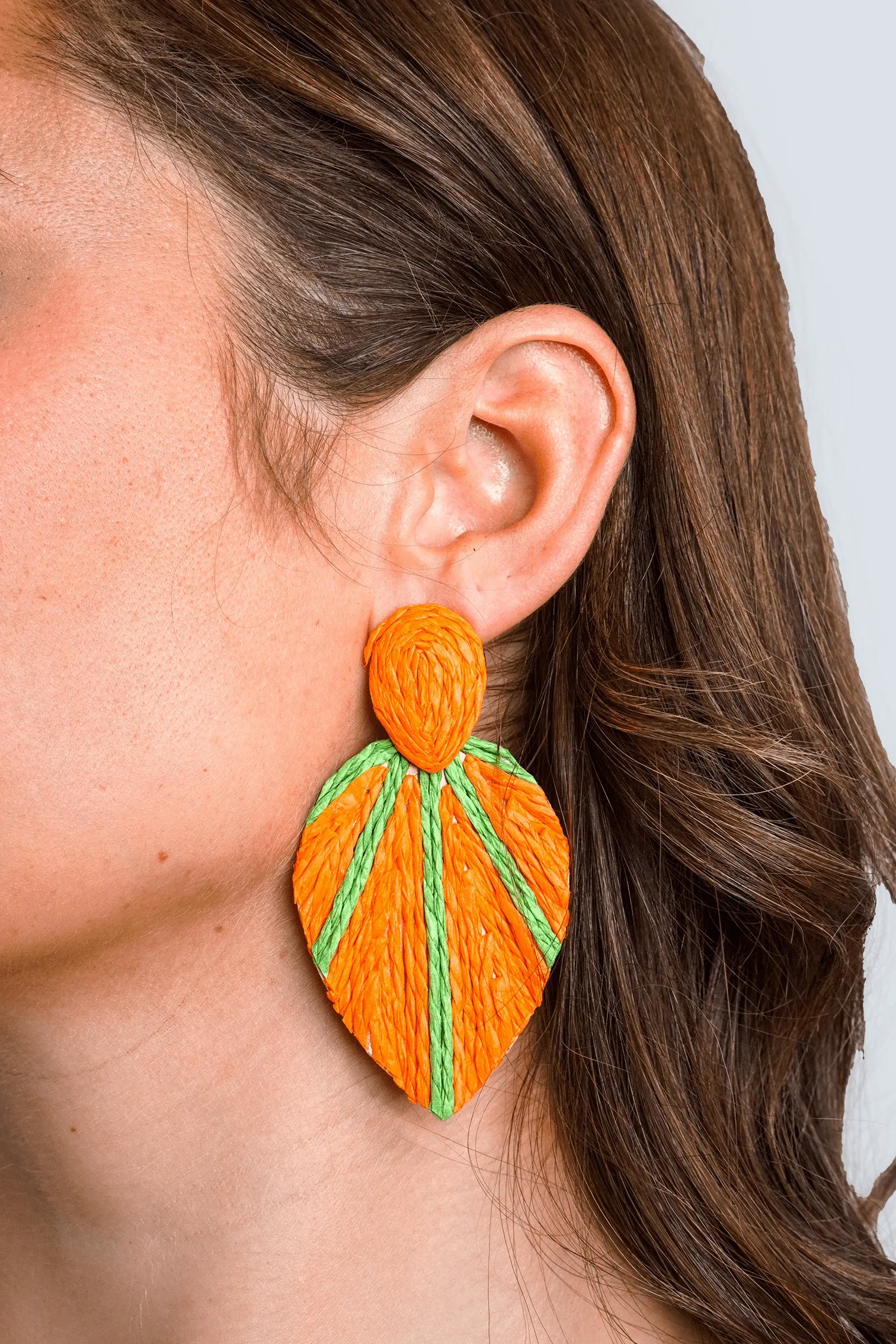 Orange Color Raffia Braided Leaf Earrings