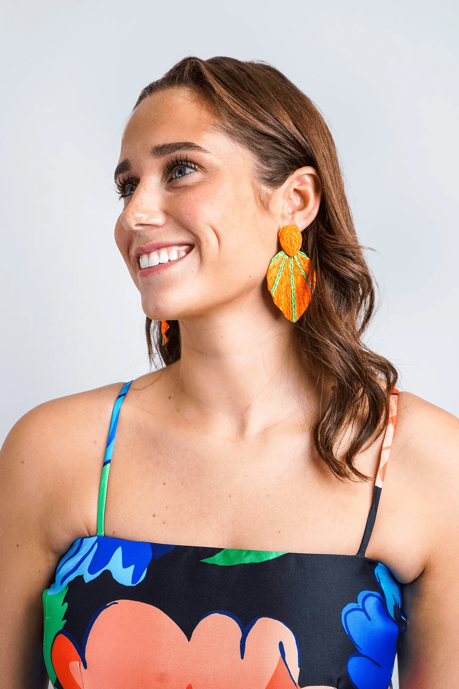 Orange Color Raffia Braided Leaf Earrings