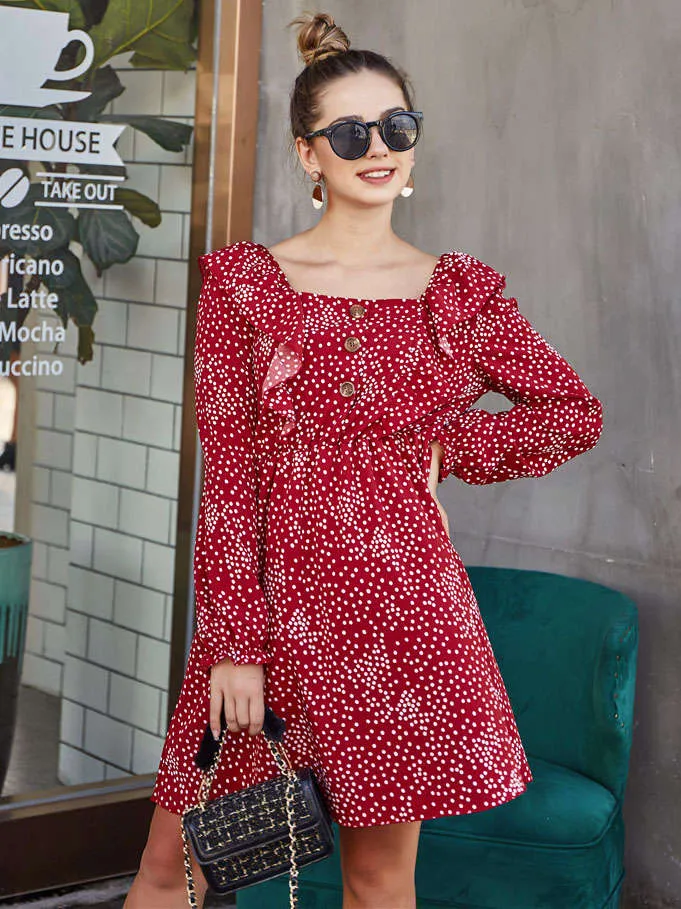 Original Design Women's Autumn Dress Sleek Minimalist Polka Dot Square Button Dress