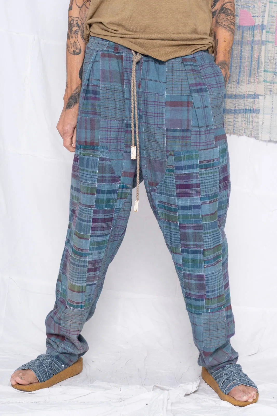 P70 Pleated Easy Pant Madras Patchwork Teal