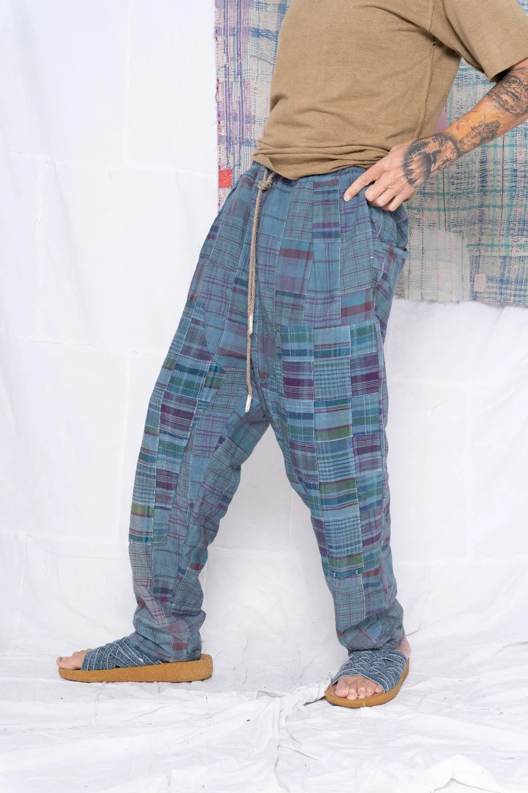 P70 Pleated Easy Pant Madras Patchwork Teal