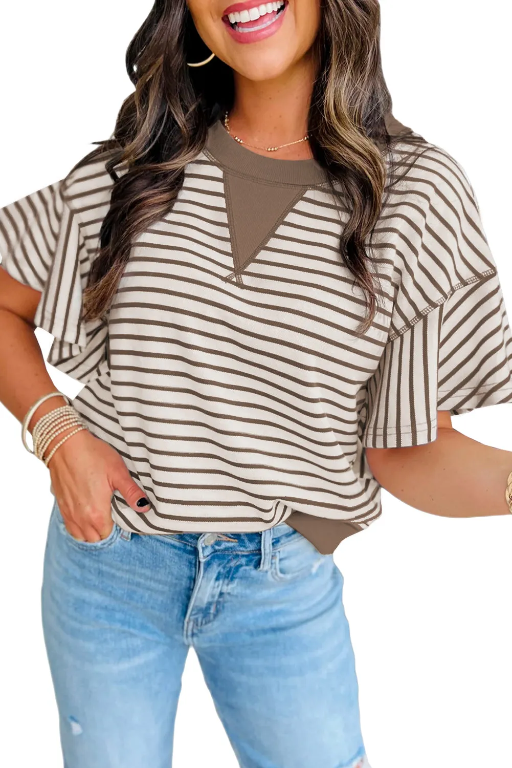 Parchment Contrast Detail Striped Ruffle Short Sleeve Top