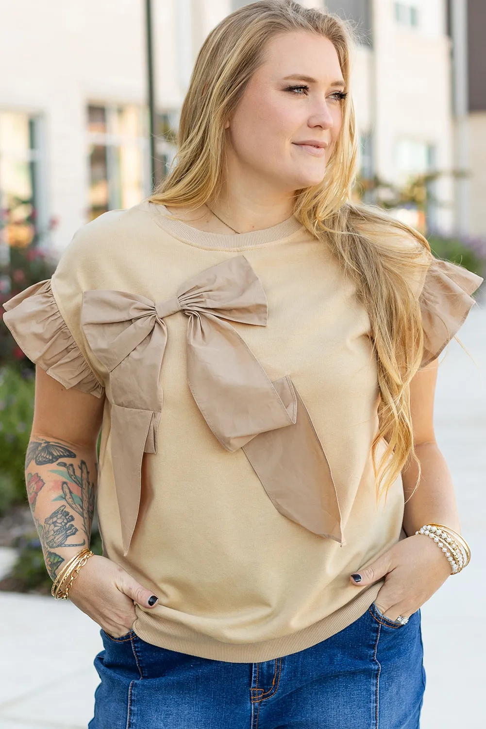 Parchment Two Tones Ribbon Bow Ruffle Sleeve Top