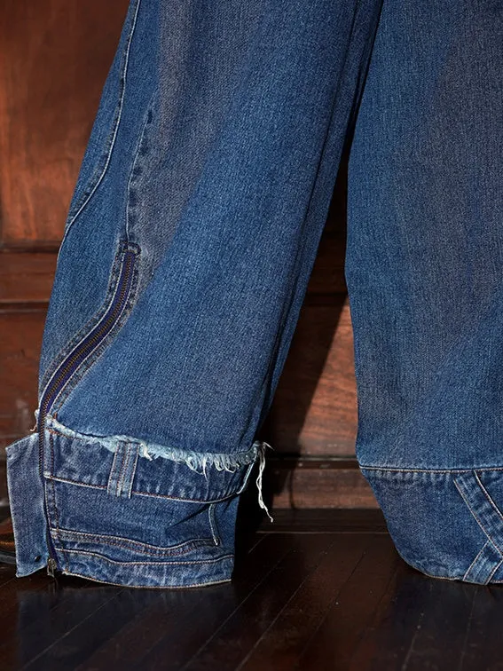 Patchwork Design Wide-leg Washed Low-rise Jeans