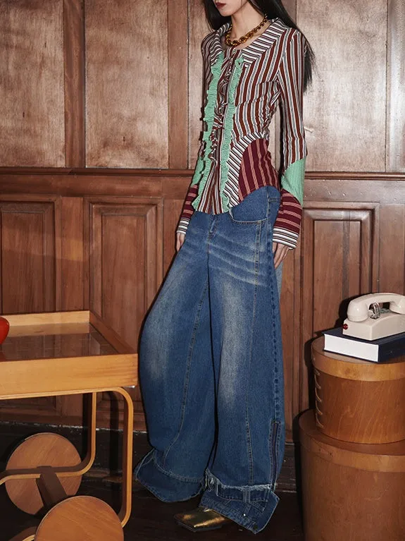 Patchwork Design Wide-leg Washed Low-rise Jeans