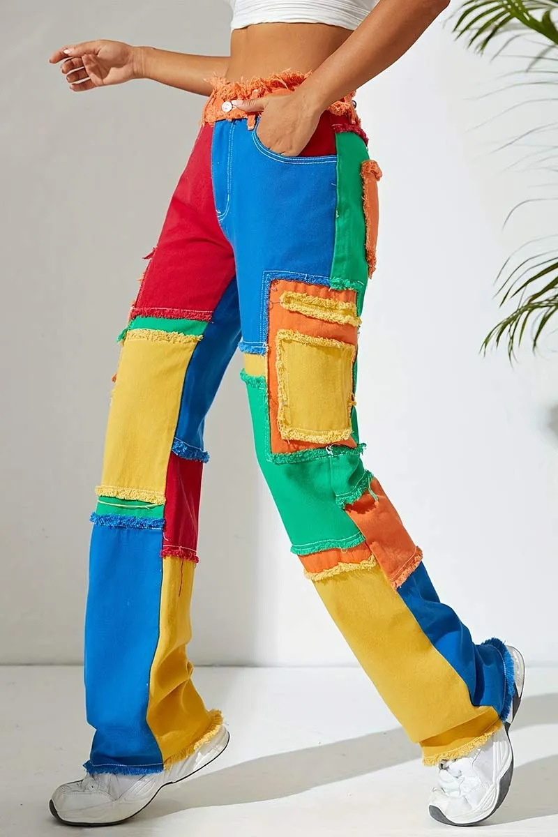 PI635 Contrasting Patchwork Denim Pants