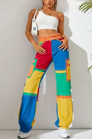 PI635 Contrasting Patchwork Denim Pants