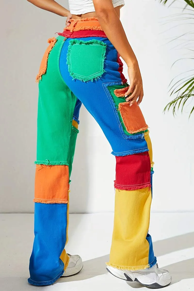 PI635 Contrasting Patchwork Denim Pants