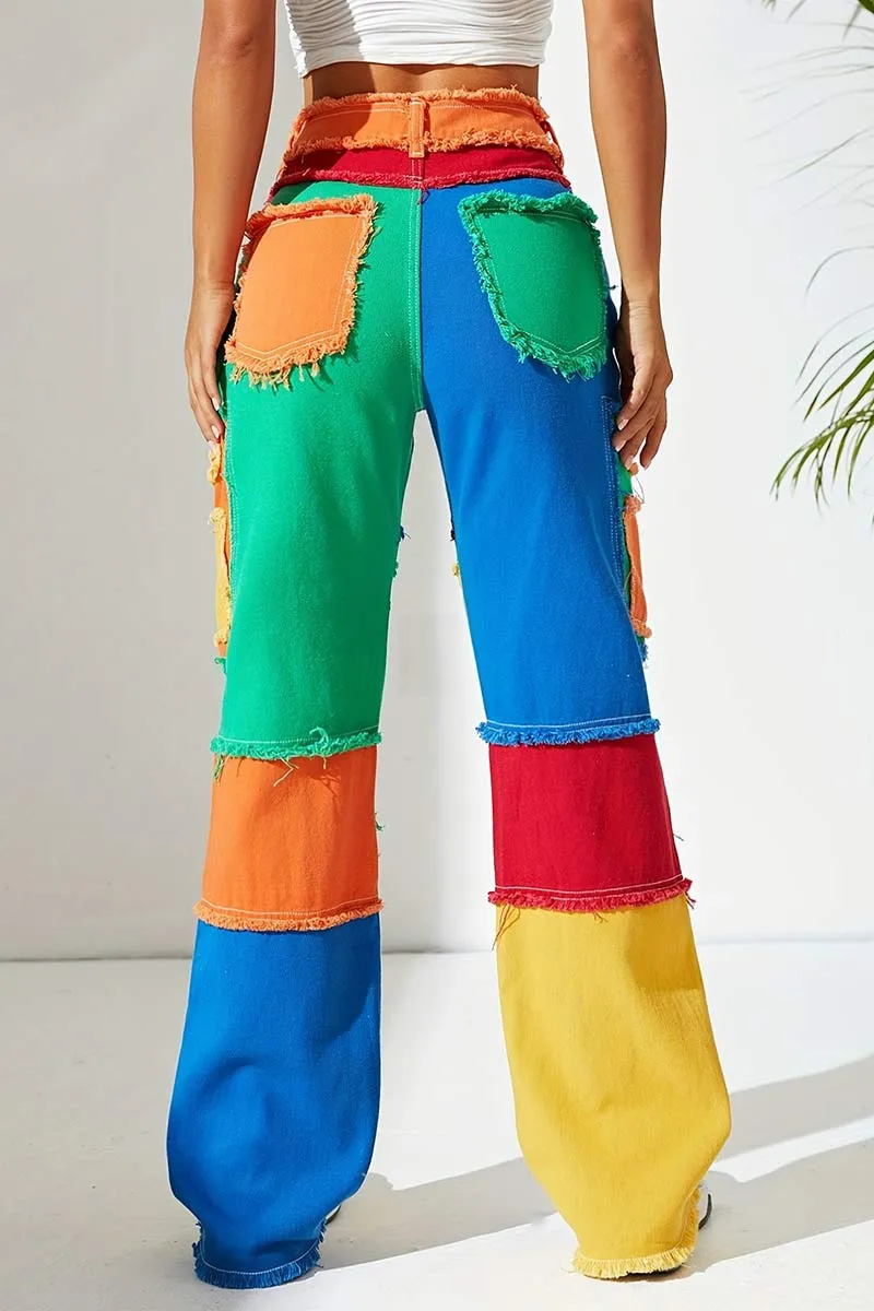 PI635 Contrasting Patchwork Denim Pants