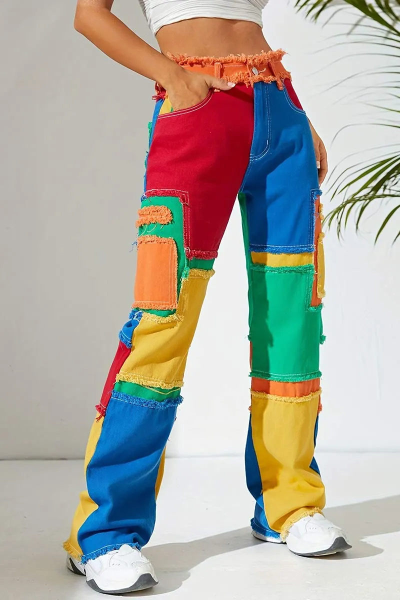 PI635 Contrasting Patchwork Denim Pants