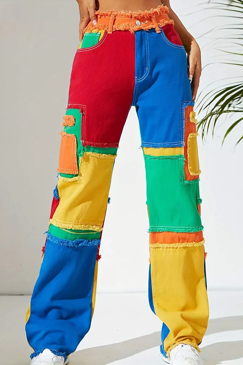 PI635 Contrasting Patchwork Denim Pants