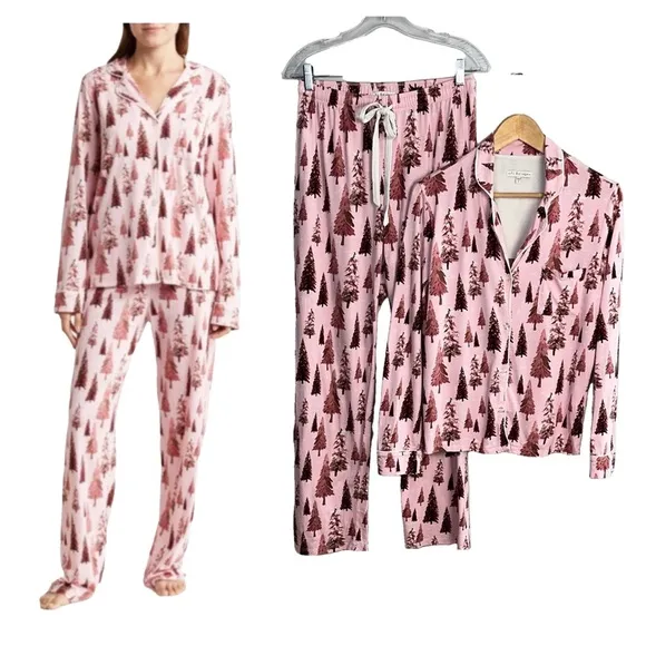 PJ Salvage Trees Happy By Nature Jersey Pajama Set Size S Cotton Rayon Christmas