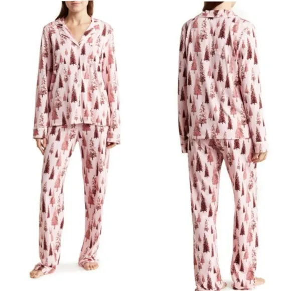 PJ Salvage Trees Happy By Nature Jersey Pajama Set Size S Cotton Rayon Christmas