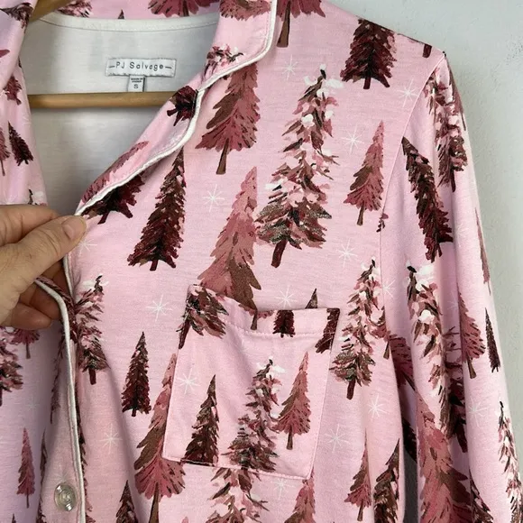 PJ Salvage Trees Happy By Nature Jersey Pajama Set Size S Cotton Rayon Christmas