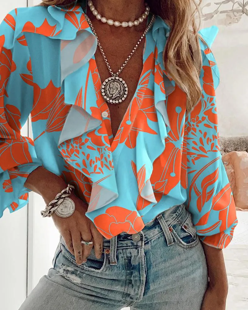 Plants Print Flounce Sleeve Ruffle Hem Top