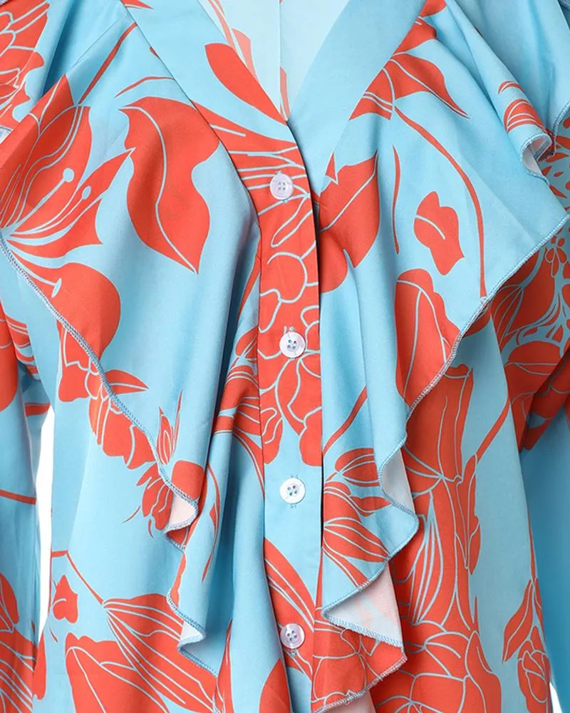 Plants Print Flounce Sleeve Ruffle Hem Top