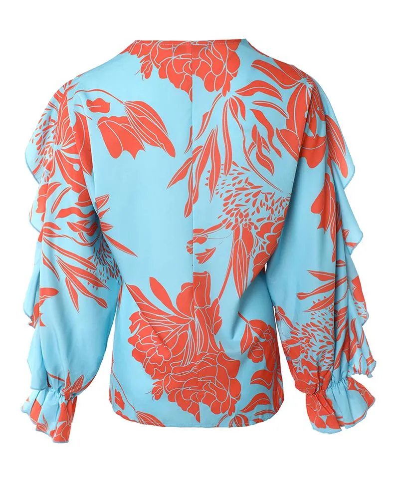 Plants Print Flounce Sleeve Ruffle Hem Top