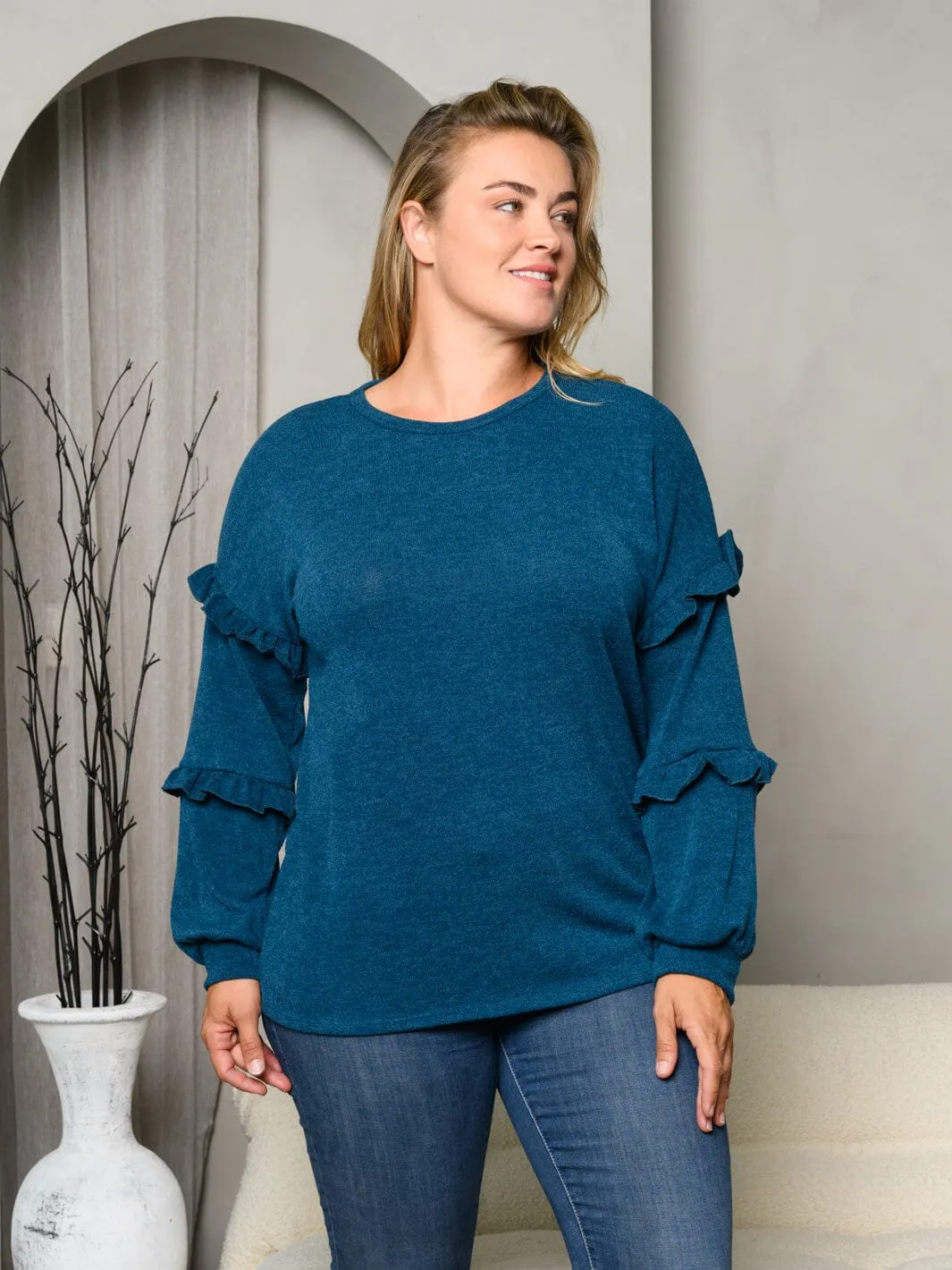 PLUS SIZE LONG SLEEVE RUFFLE SOLID TOP