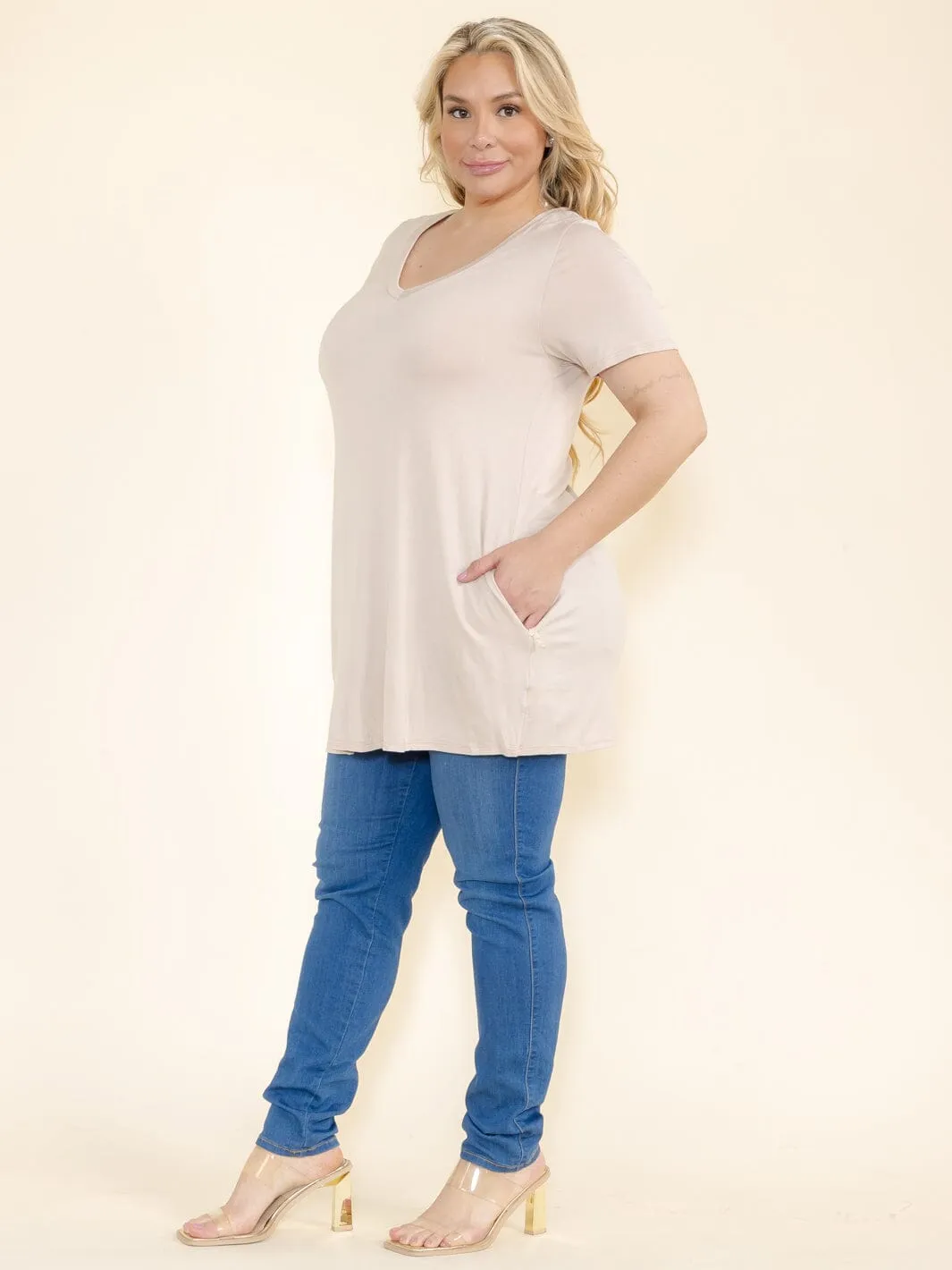PLUS SIZE SHORT SLEEVE FRONT POCKETS BASIC TOP