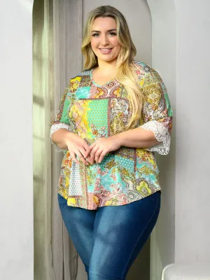 PLUS SIZE SHORT SLEEVE MULTI PRINT TUNIC TOP