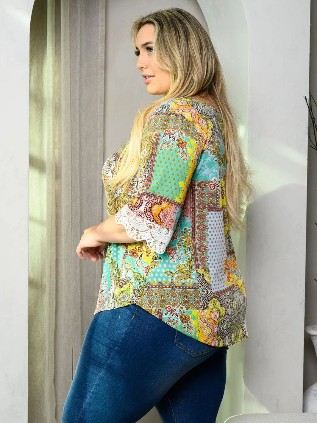 PLUS SIZE SHORT SLEEVE MULTI PRINT TUNIC TOP