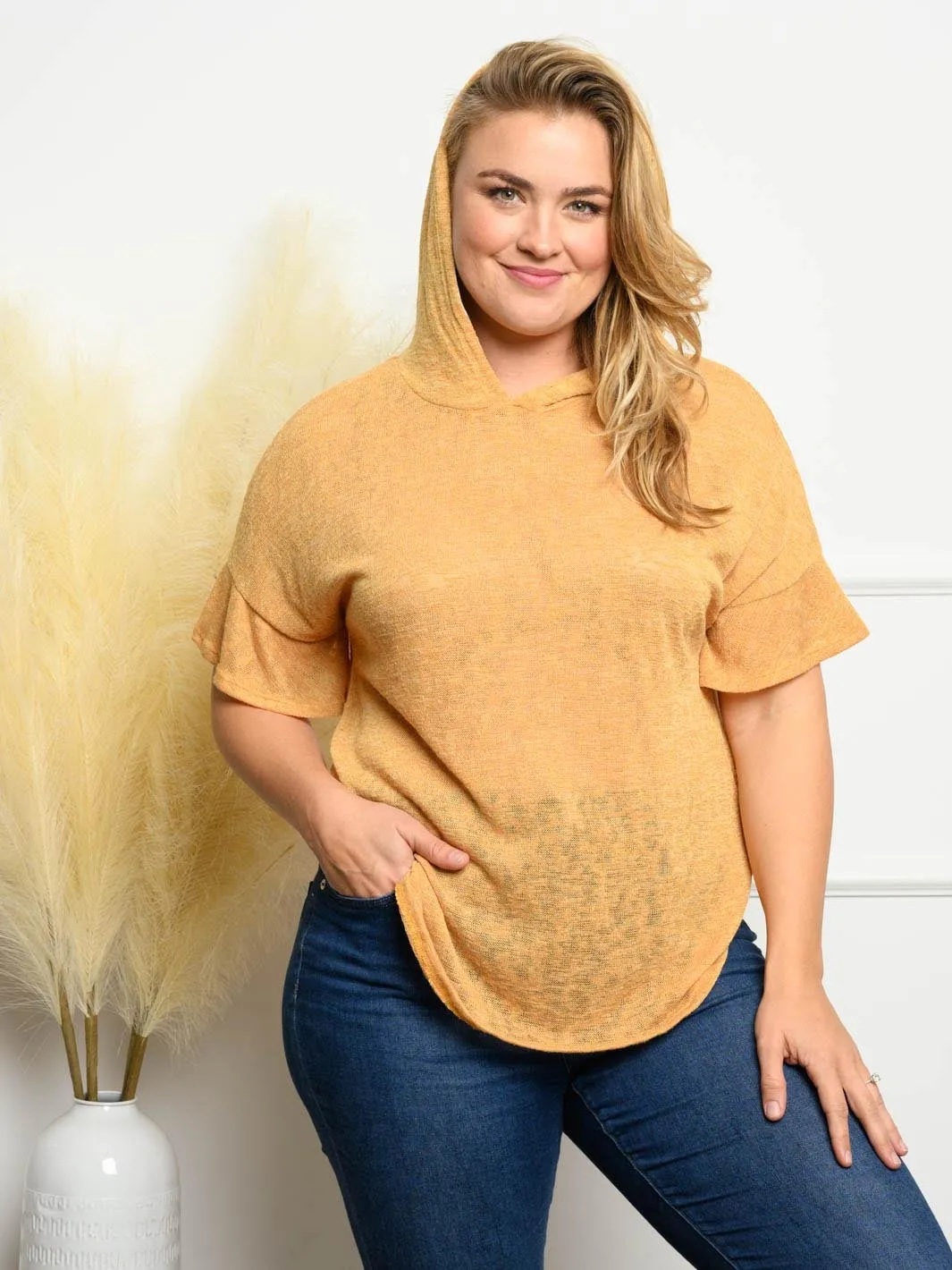 PLUS SIZE SOLID SLEEVE RUFFLE HOODIE STRIPE TOP