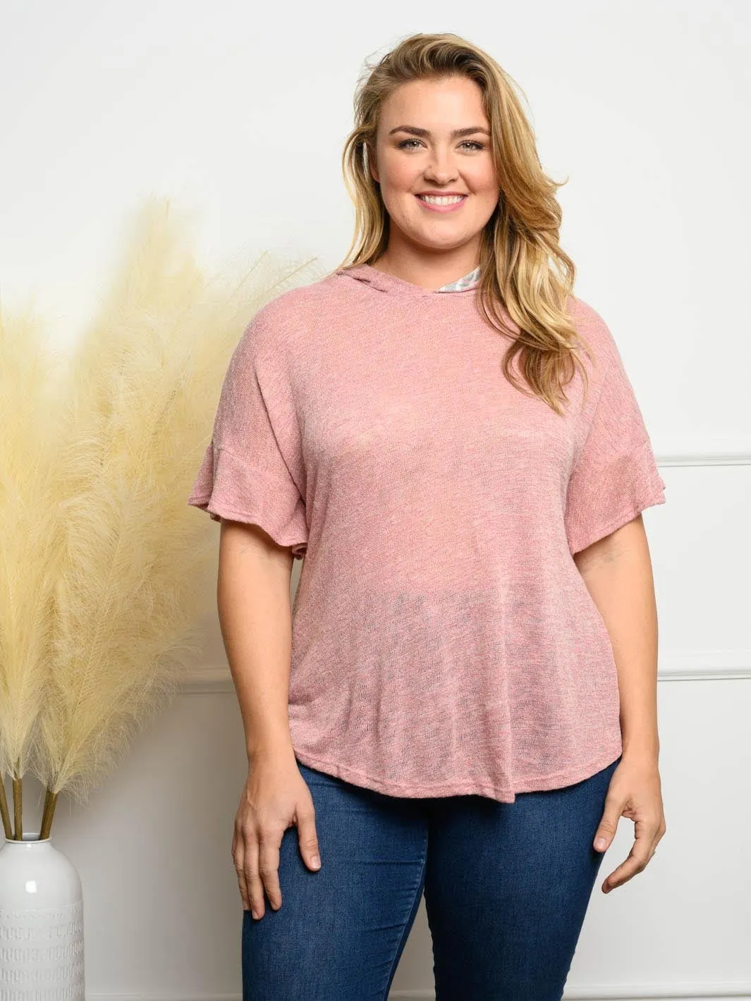 PLUS SIZE SOLID SLEEVE RUFFLE HOODIE STRIPE TOP