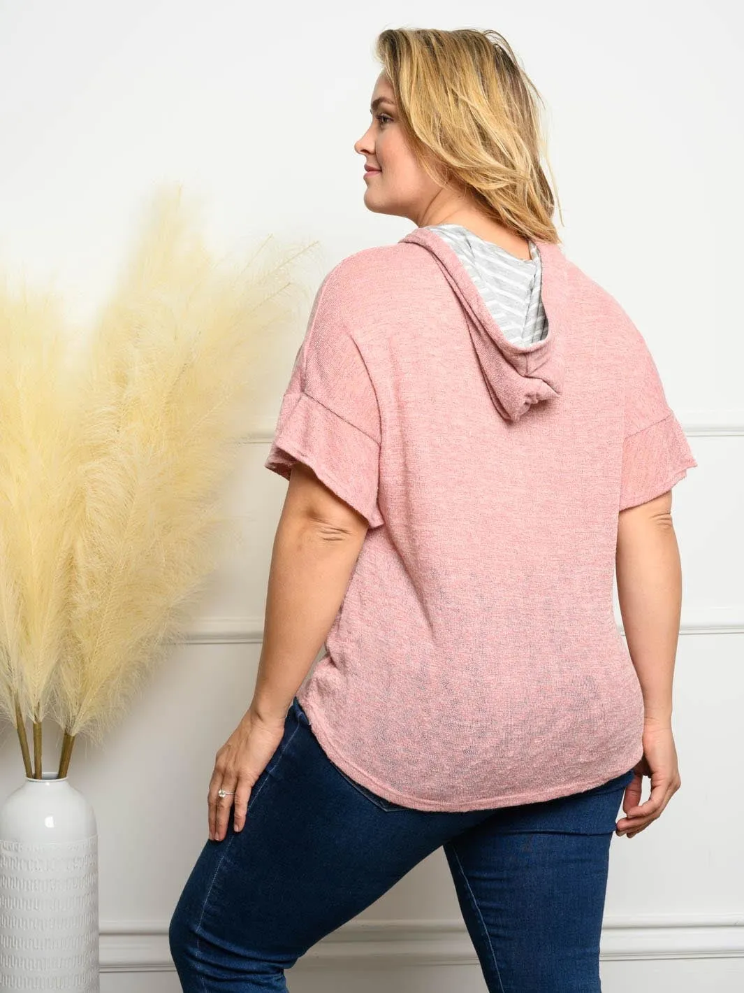PLUS SIZE SOLID SLEEVE RUFFLE HOODIE STRIPE TOP