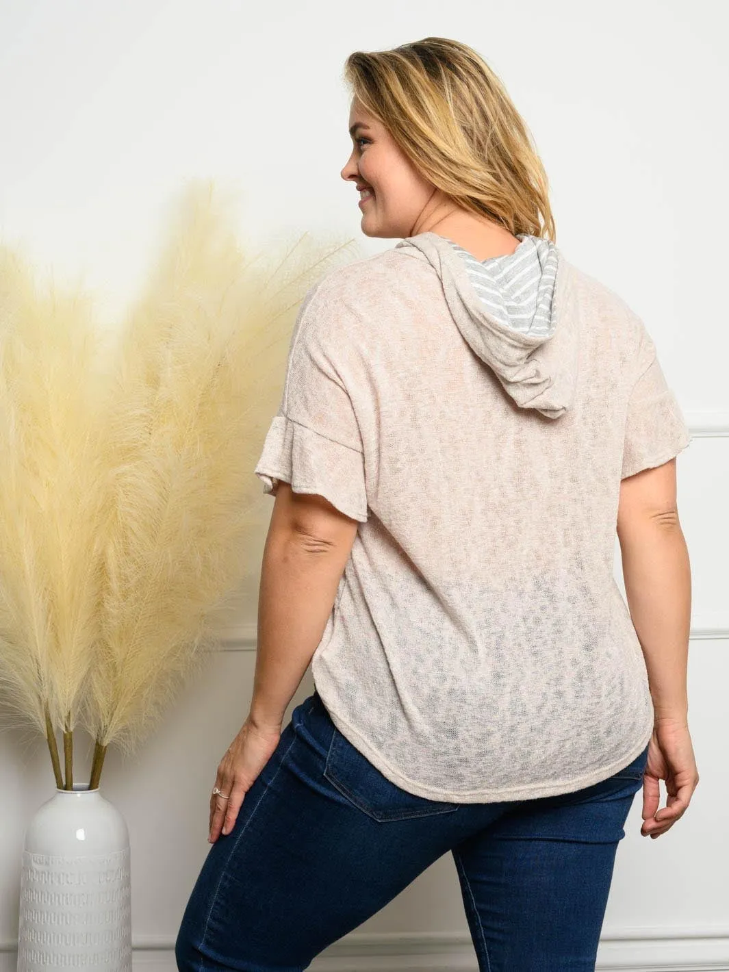 PLUS SIZE SOLID SLEEVE RUFFLE HOODIE STRIPE TOP