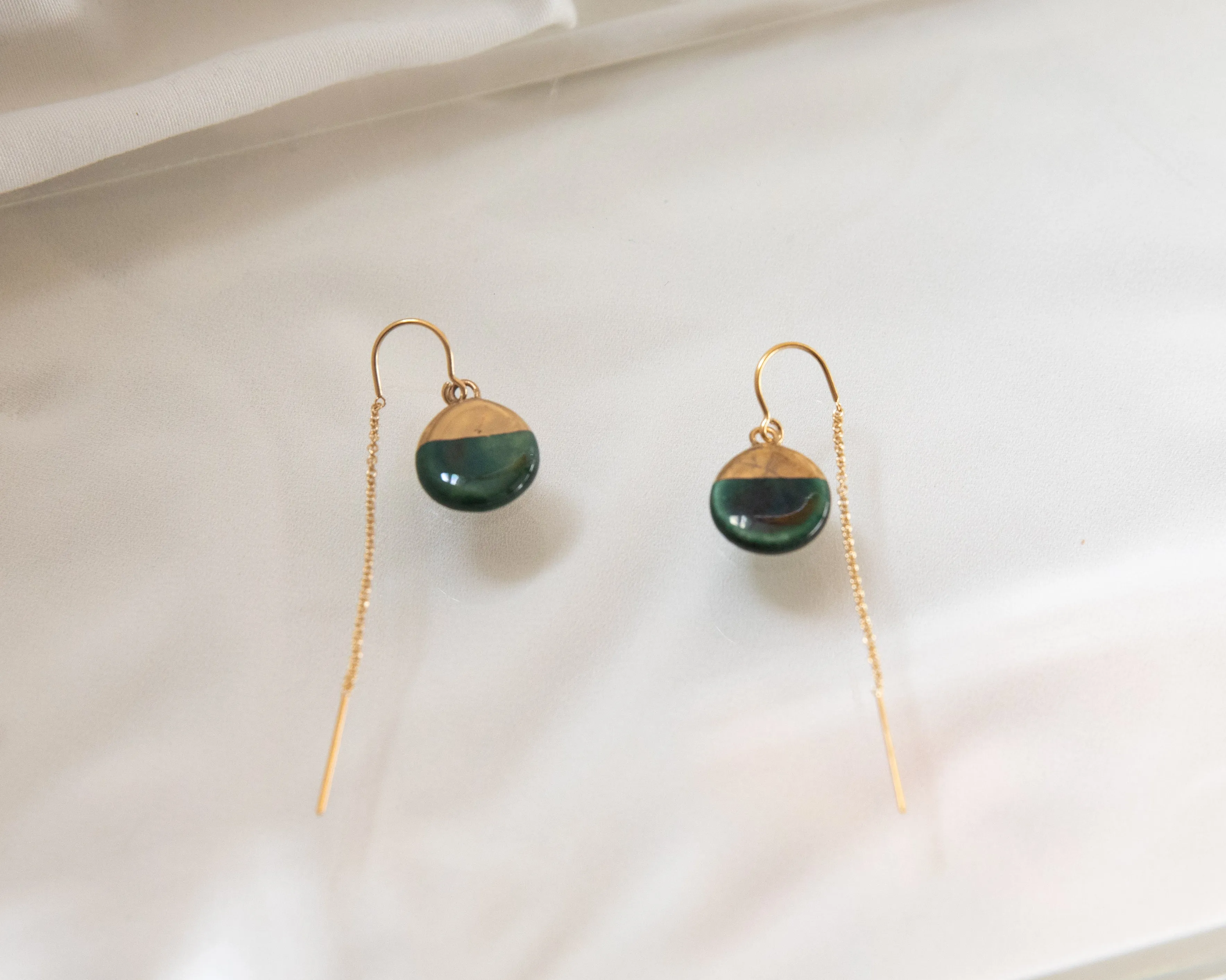 Porcelain Drop Gold Green Threader Earrings