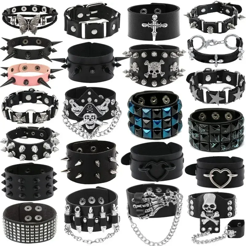 PU Leather Studded Bracelet Adjustable Goth Cuff Bracelet