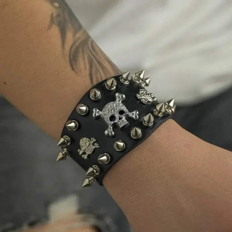 PU Leather Studded Bracelet Adjustable Goth Cuff Bracelet