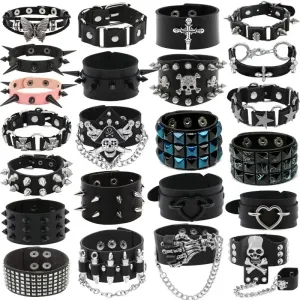 PU Leather Studded Bracelet Adjustable Goth Cuff Bracelet