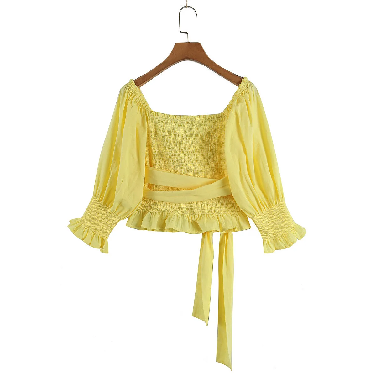 Puffy Sleeve Ruffle Trim Tied Top