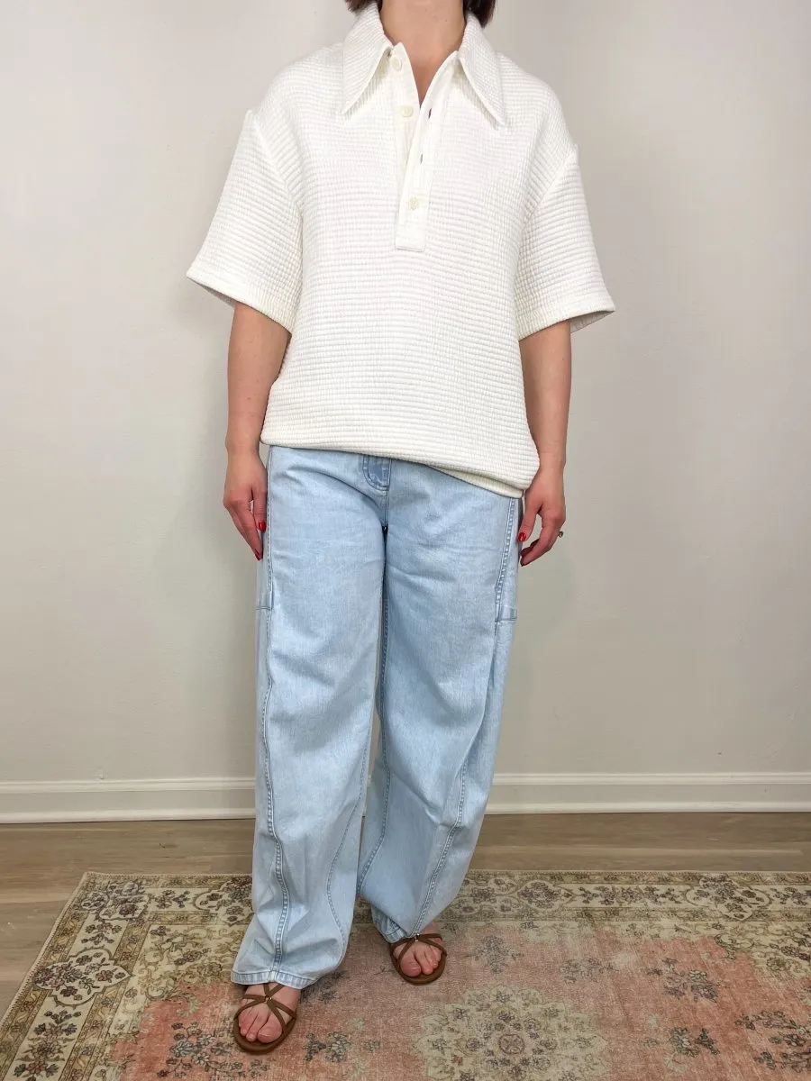 Quilted Waffle Polo Tunic Top in White