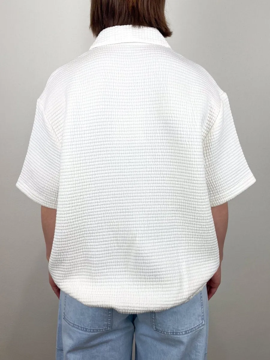 Quilted Waffle Polo Tunic Top in White