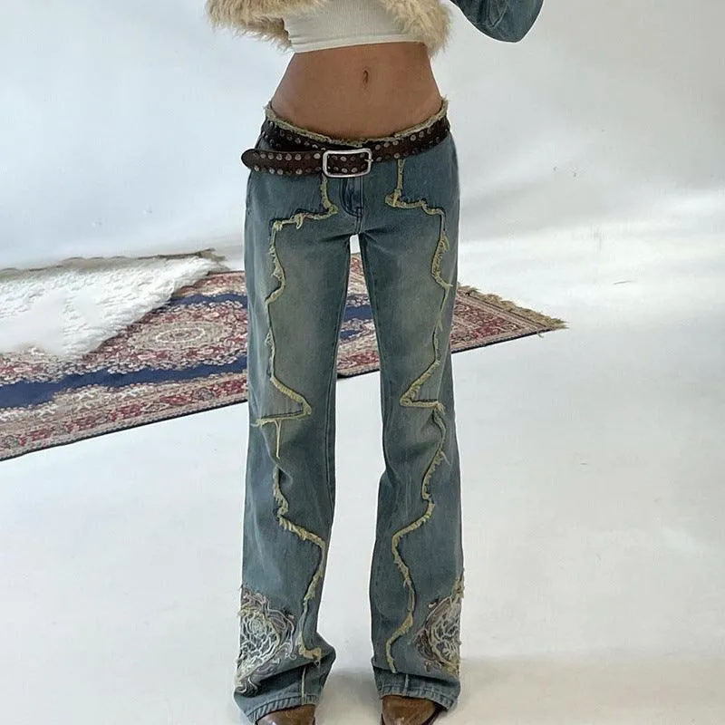 Raw Embroidered Low Rise Distressed Jeans