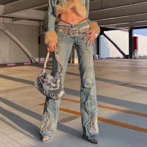Raw Embroidered Low Rise Distressed Jeans