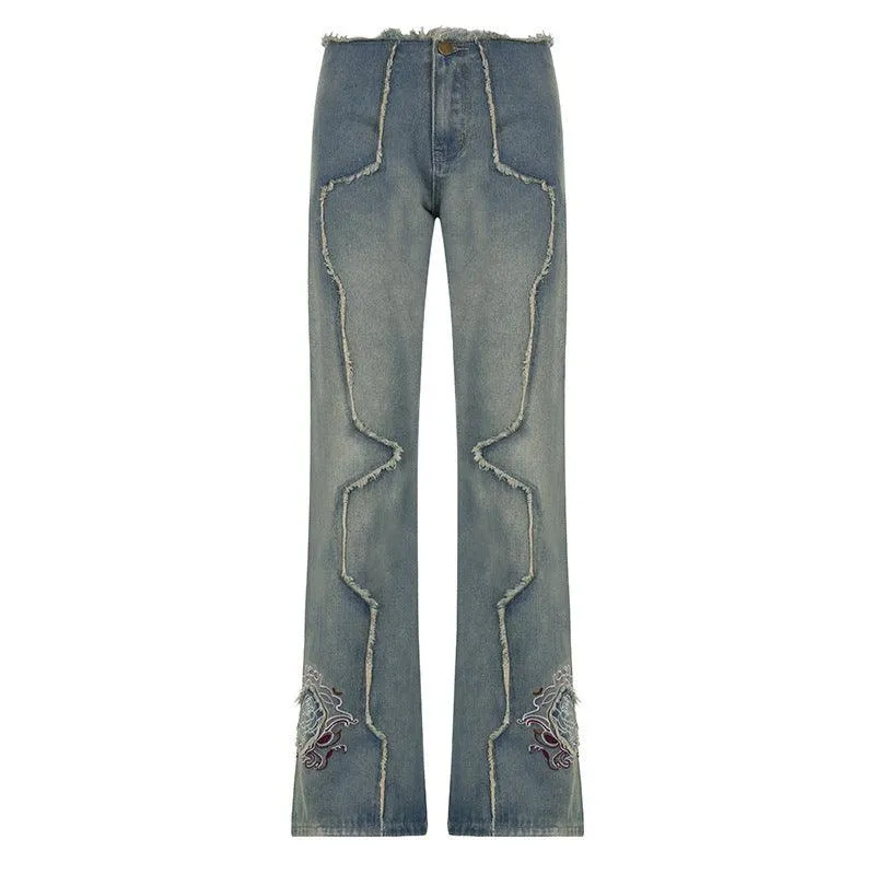 Raw Embroidered Low Rise Distressed Jeans