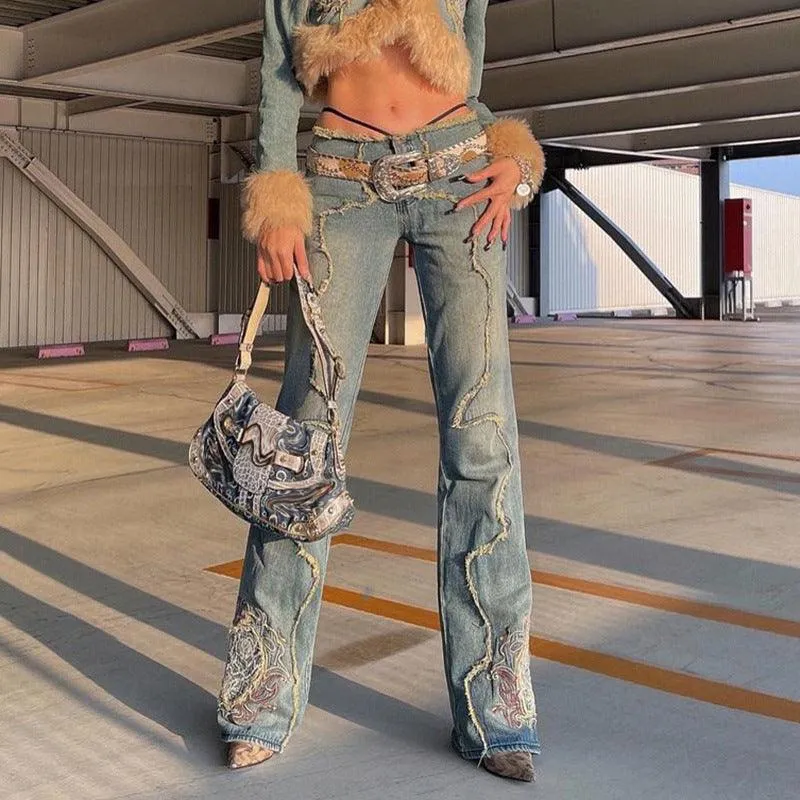 Raw Embroidered Low Rise Distressed Jeans