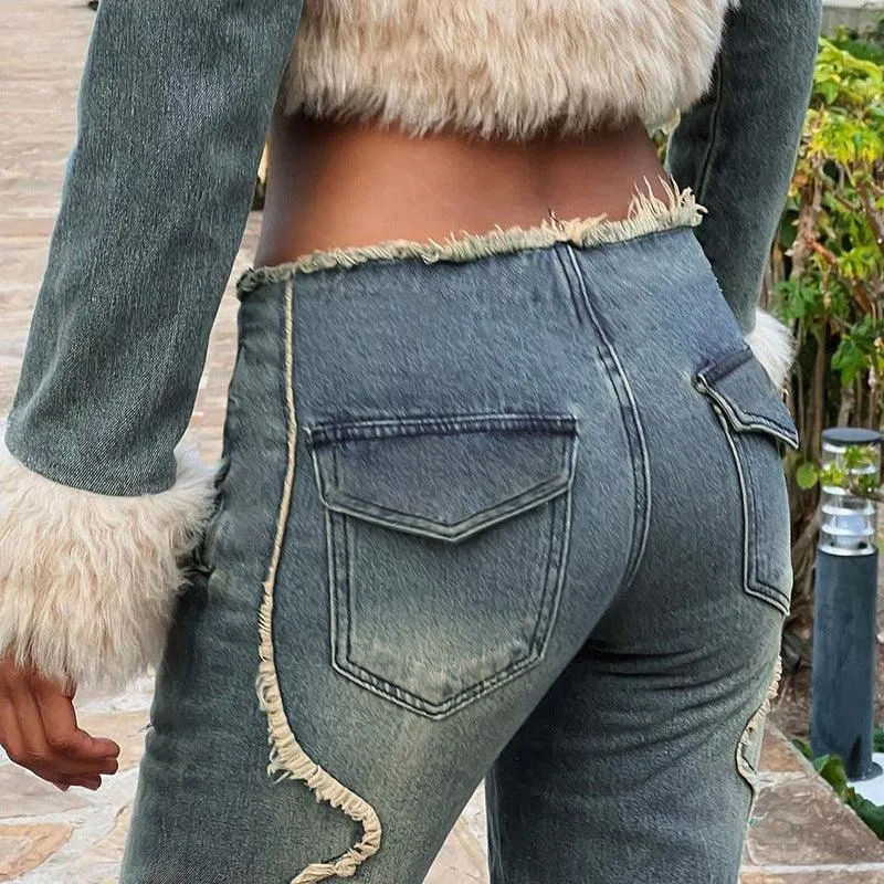 Raw Embroidered Low Rise Distressed Jeans