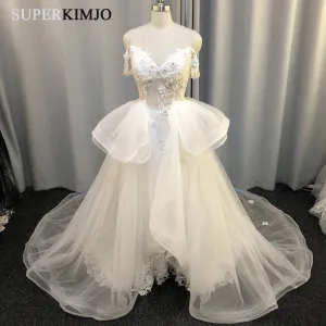Real Photo 2020 Lace Appliqué Wedding Dresses Detachable Skirt Elegant Tulle Cheap Wedding Gown Vestido De Novia
