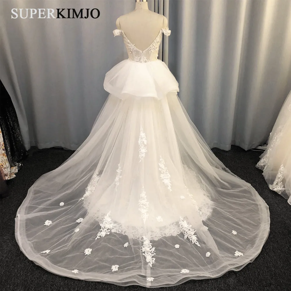 Real Photo 2020 Lace Appliqué Wedding Dresses Detachable Skirt Elegant Tulle Cheap Wedding Gown Vestido De Novia