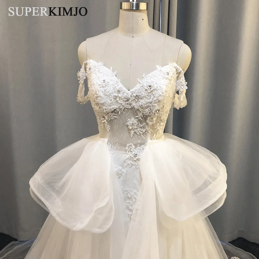 Real Photo 2020 Lace Appliqué Wedding Dresses Detachable Skirt Elegant Tulle Cheap Wedding Gown Vestido De Novia